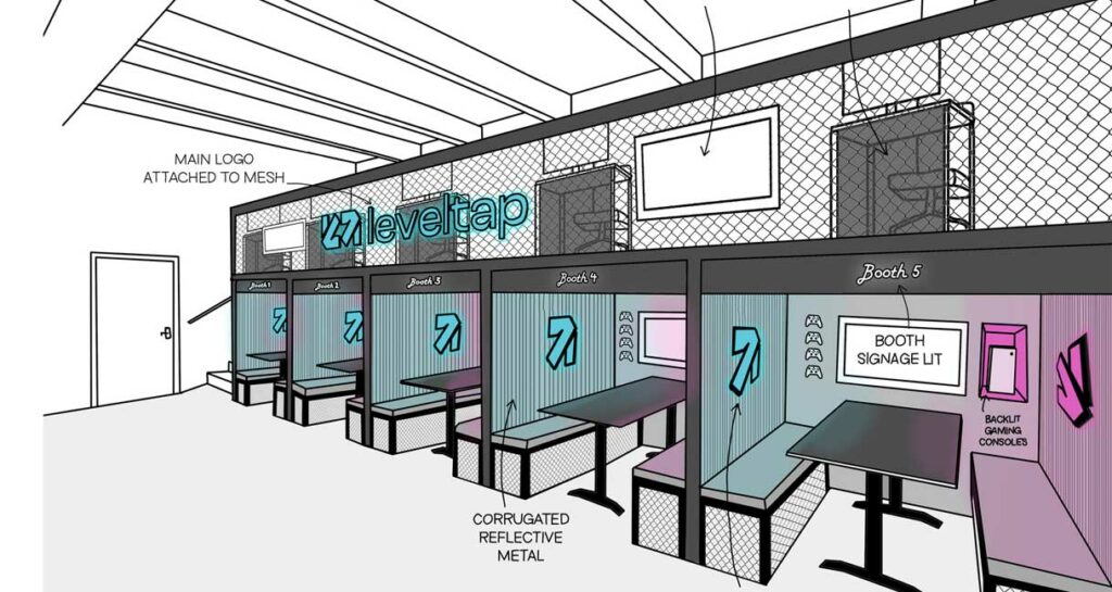 A drawing concept of booths showing TVs and an upstairs seating area