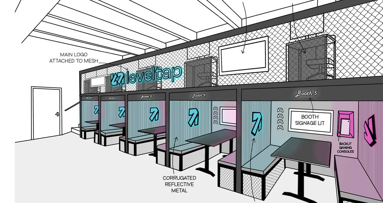 A drawing concept of booths showing TVs and an upstairs seating area